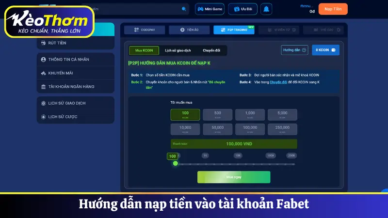 Hướng dẫn nạp tiền vào tài khoản Fabet